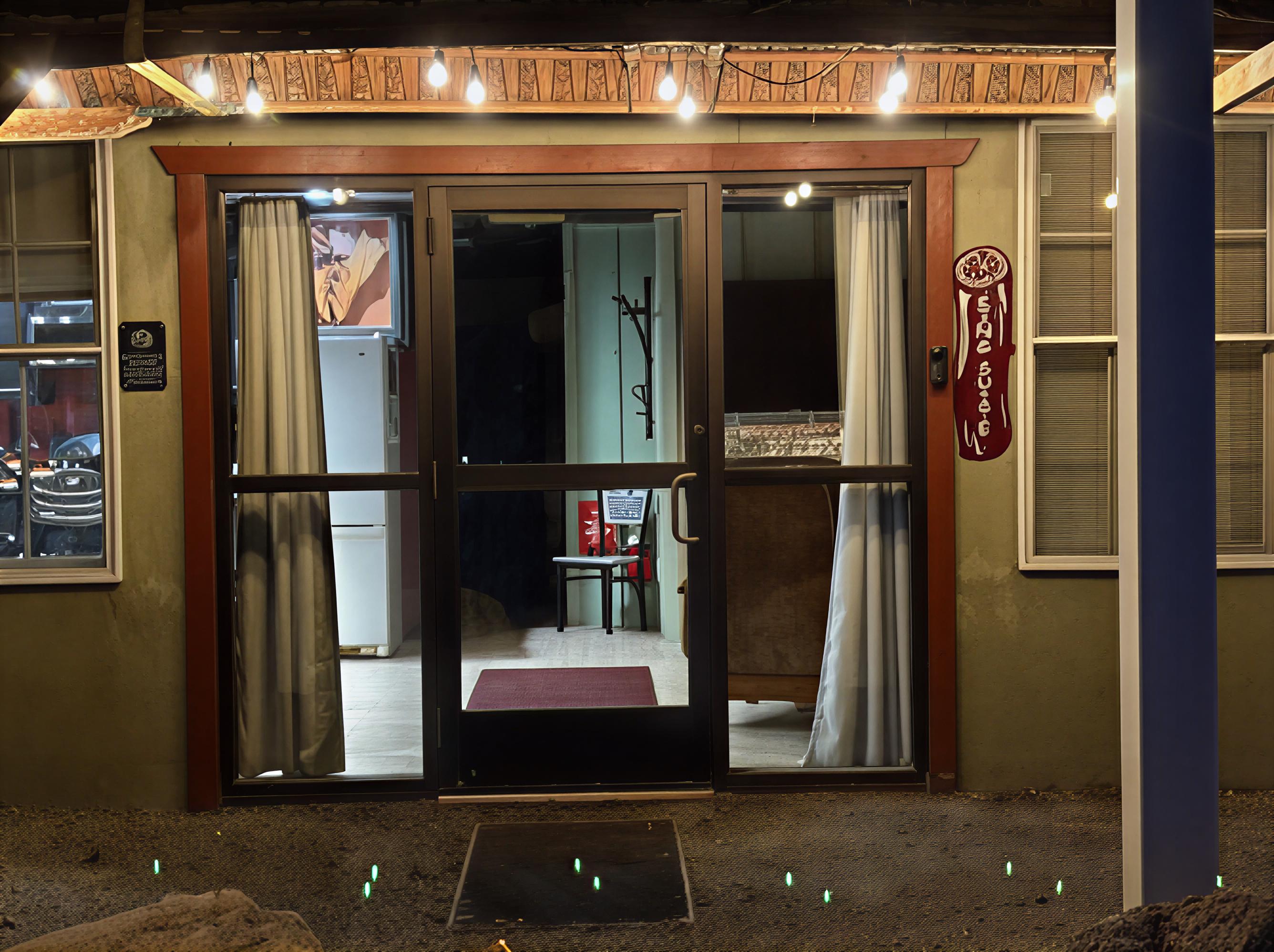 Cozy entrance to a warmly lit establishment with curtains and welcoming decor.