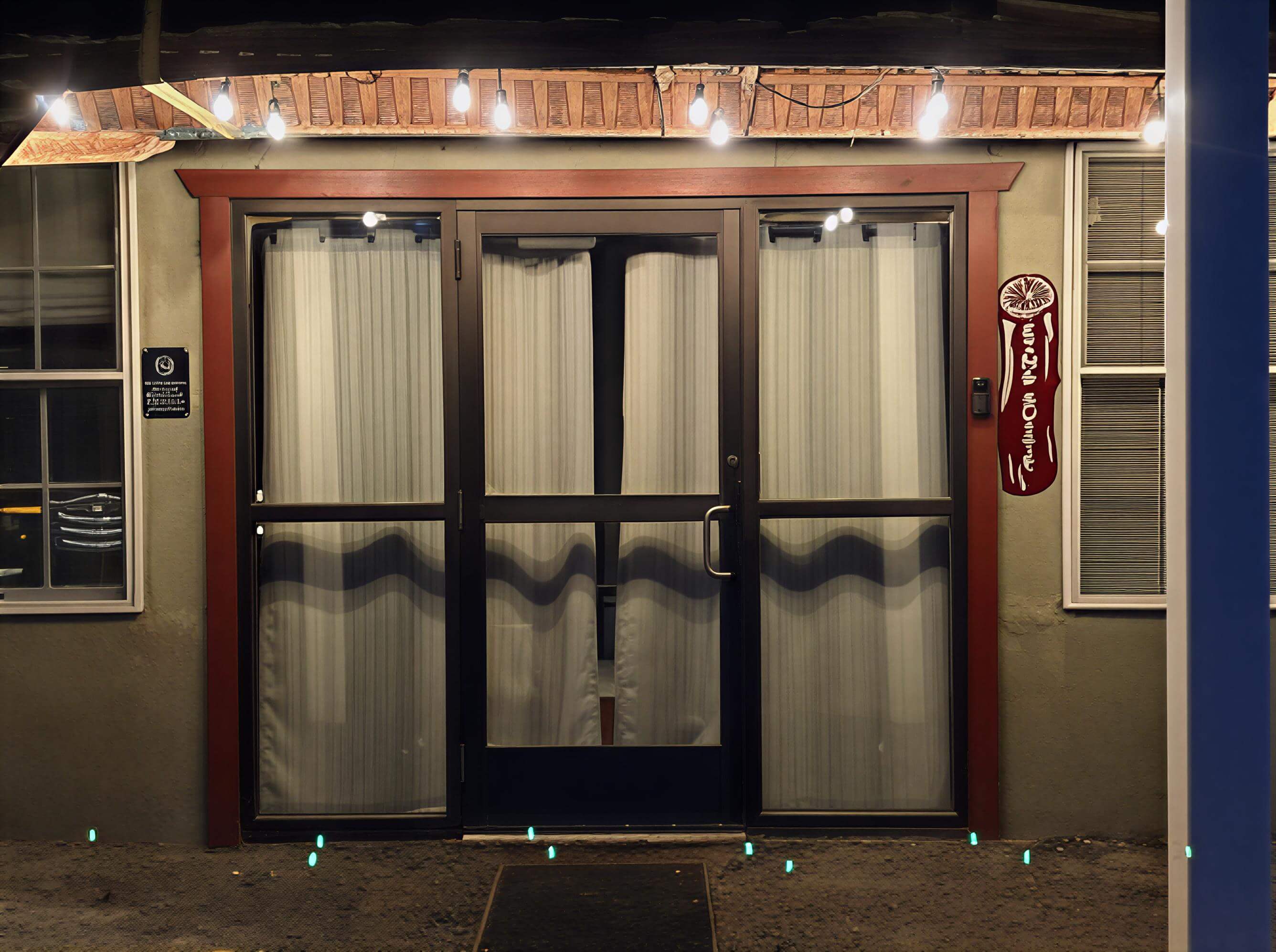 Glass door with curtains and warm lighting outside at night.